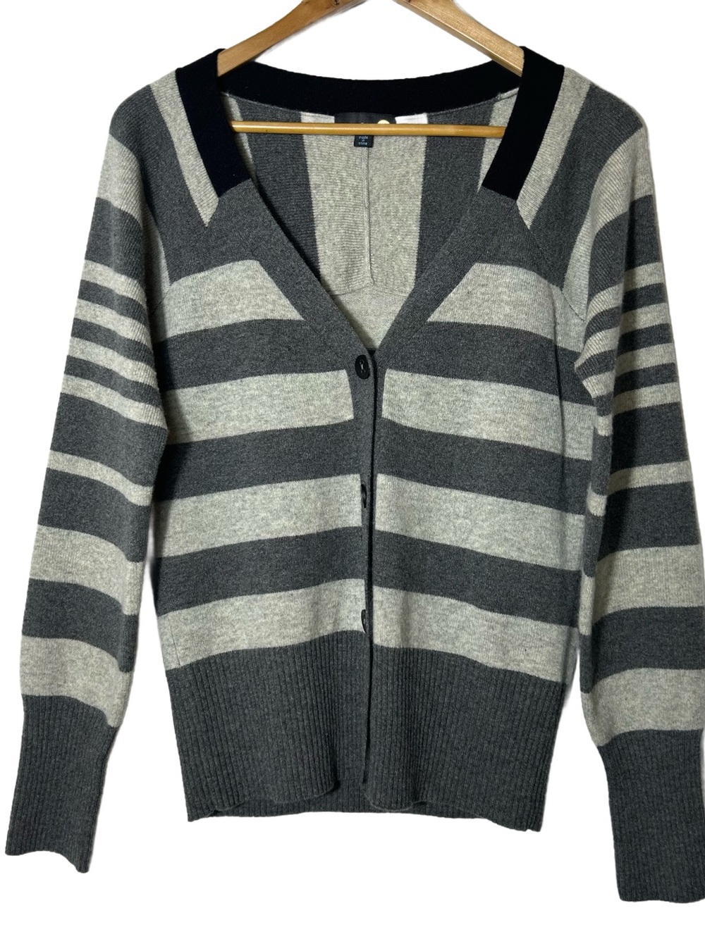 C&C California Cardigan‎ 100% Cashmere Gray Cream Striped V-Neck Button